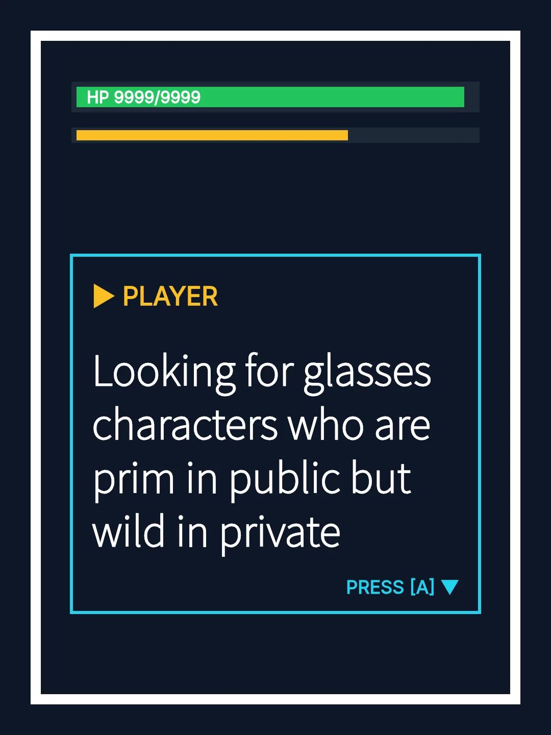 Looking for glasses characters who are prim in public but wild in private