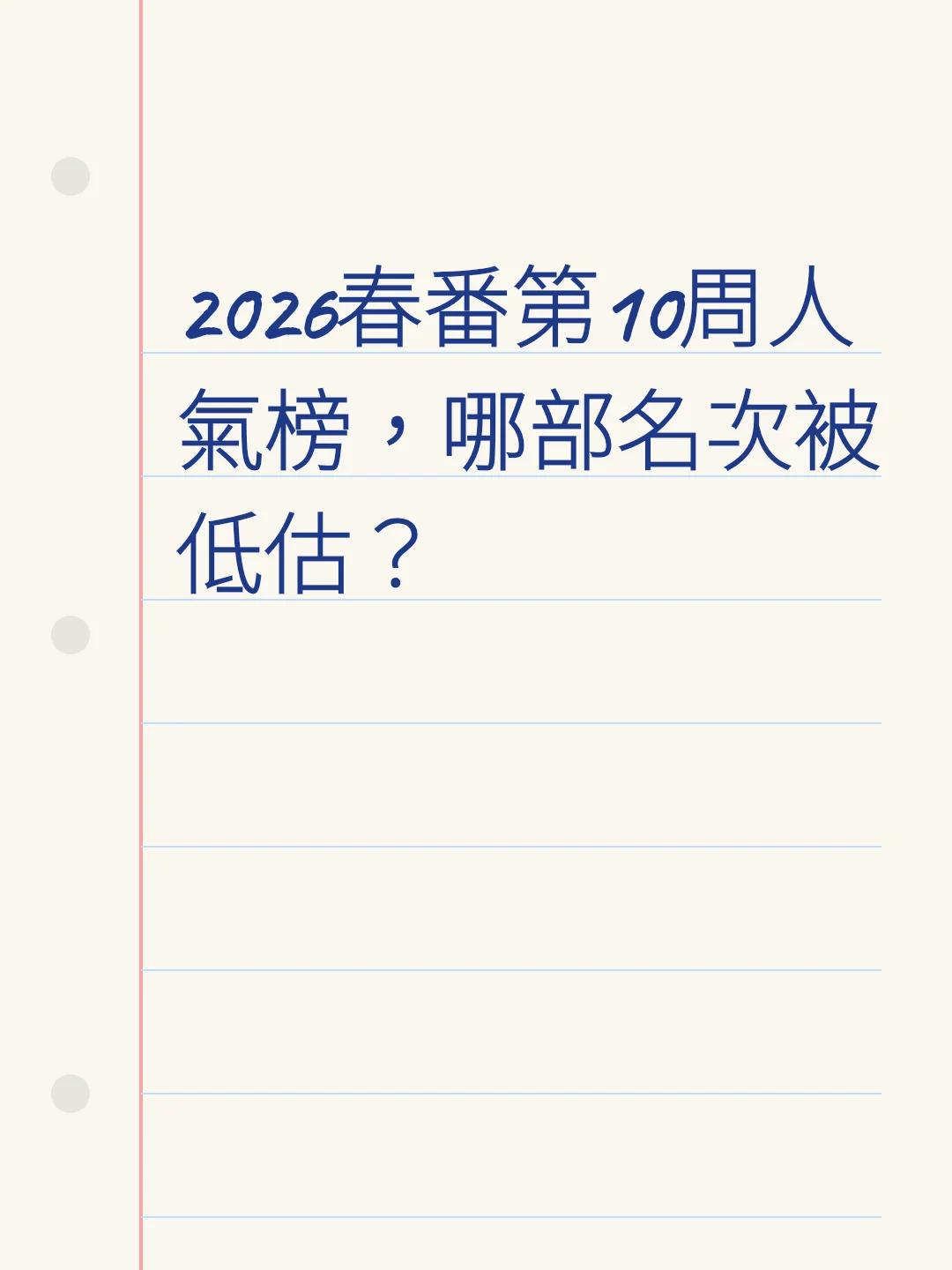 2026春番第10周人氣榜，哪部名次被低估？